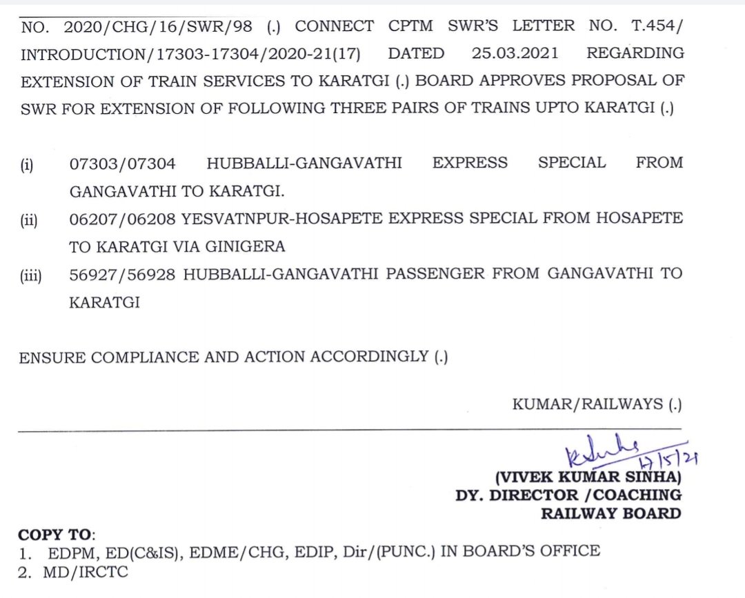 KARailway's tweet photo. ಕಾರಟಗಿ ಚುಕುಬುಕು ರೈಲು

Railway Board Approved extension of 

⏩07303/4 #Hubballi - Gangavathi exp spl to #Karatgi
⏩06207/8 #Yeshwanthpur - #Hospete exp epl to Karatgi via #Ginigera
⏩56927/8 Hubballi #Gangavathi passenger to Karatagi

@JoshiPralhad @SangannaKaradi

#Karnataka https://t.co/G8G6ACqALc