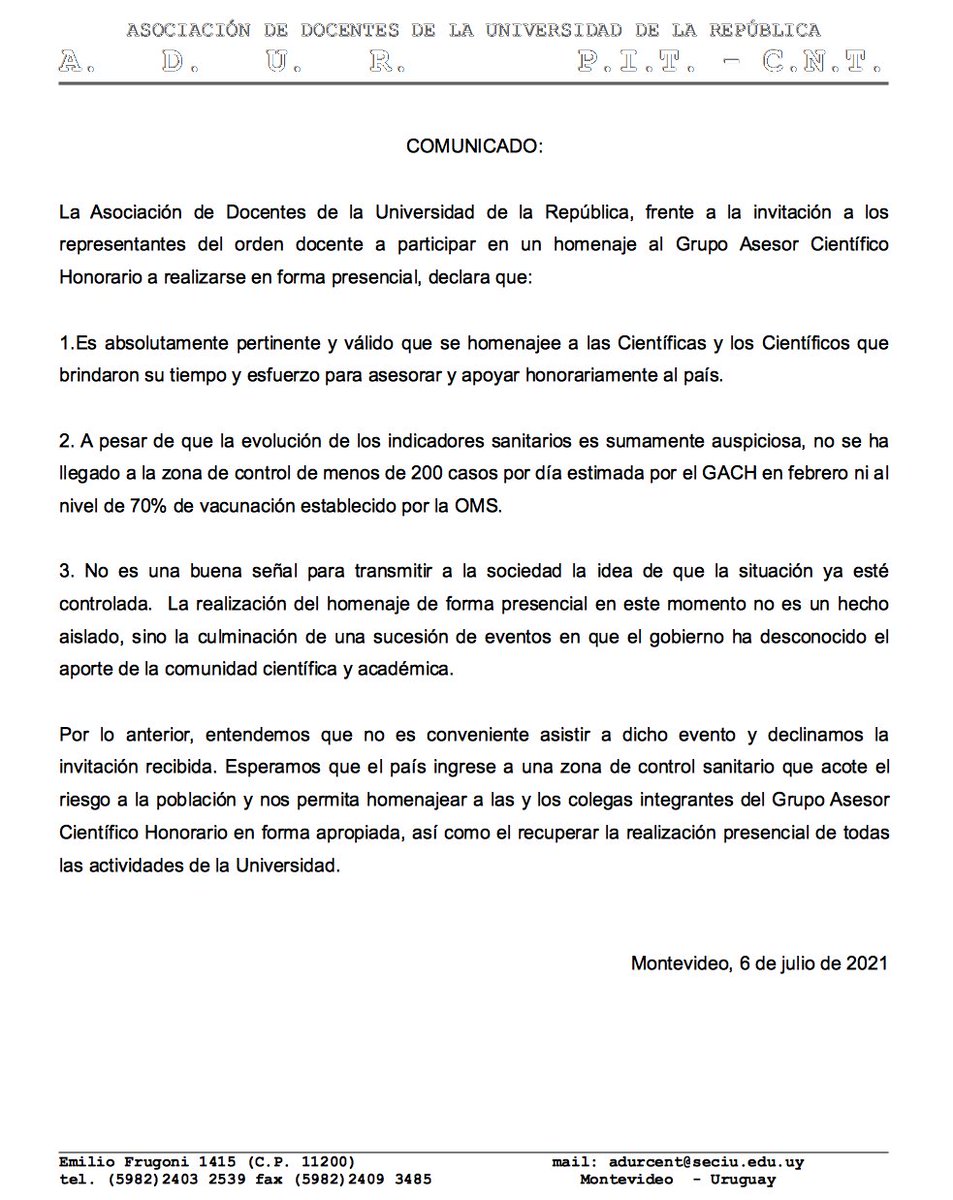 Estamos muy orgullosos/as del aporte comprometido y generoso de tantos/as colegas para enfrentar la pandemia. Sin embargo, declinamos participar del homenaje al GACH organizado por el Poder Ejecutivo. Aquí compartimos nuestras razones: