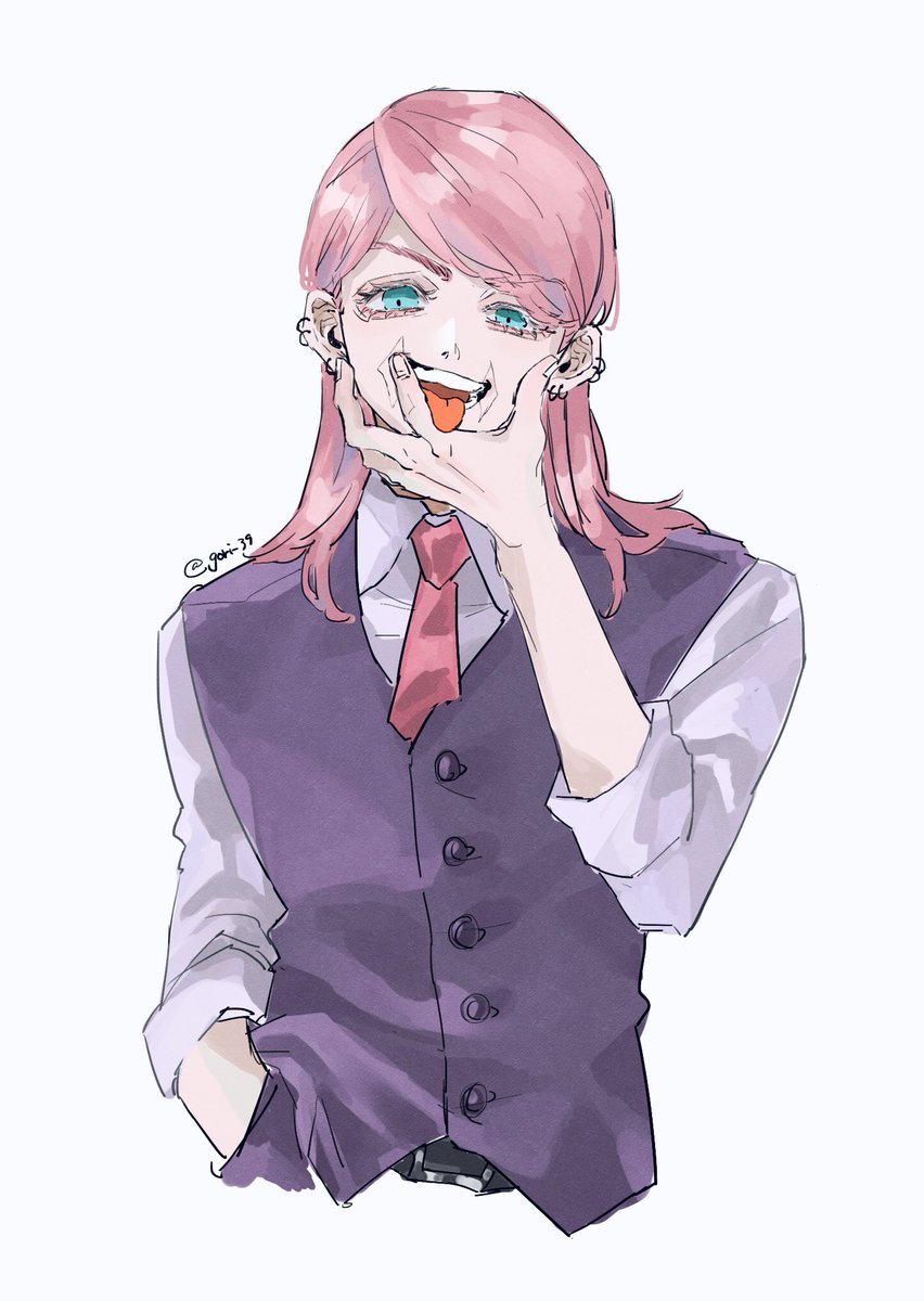 1boy male focus necktie solo tongue vest pink hair  illustration images
