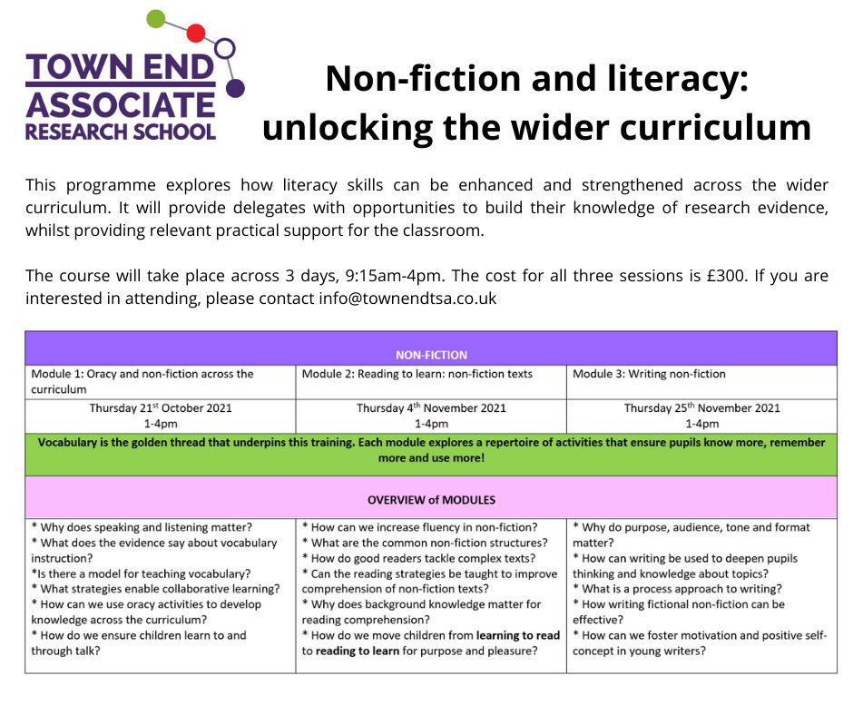 TownEndTSA's tweet photo. Is non-fiction or the wider curriculum on your school’s priority list, why not kill 2 birds with one stone by taking part in our training sessions in the autumn term? Please see the attached flyer for more details and for information on how to book. @TownEndResearch https://t.co/KU8JrbBhI4