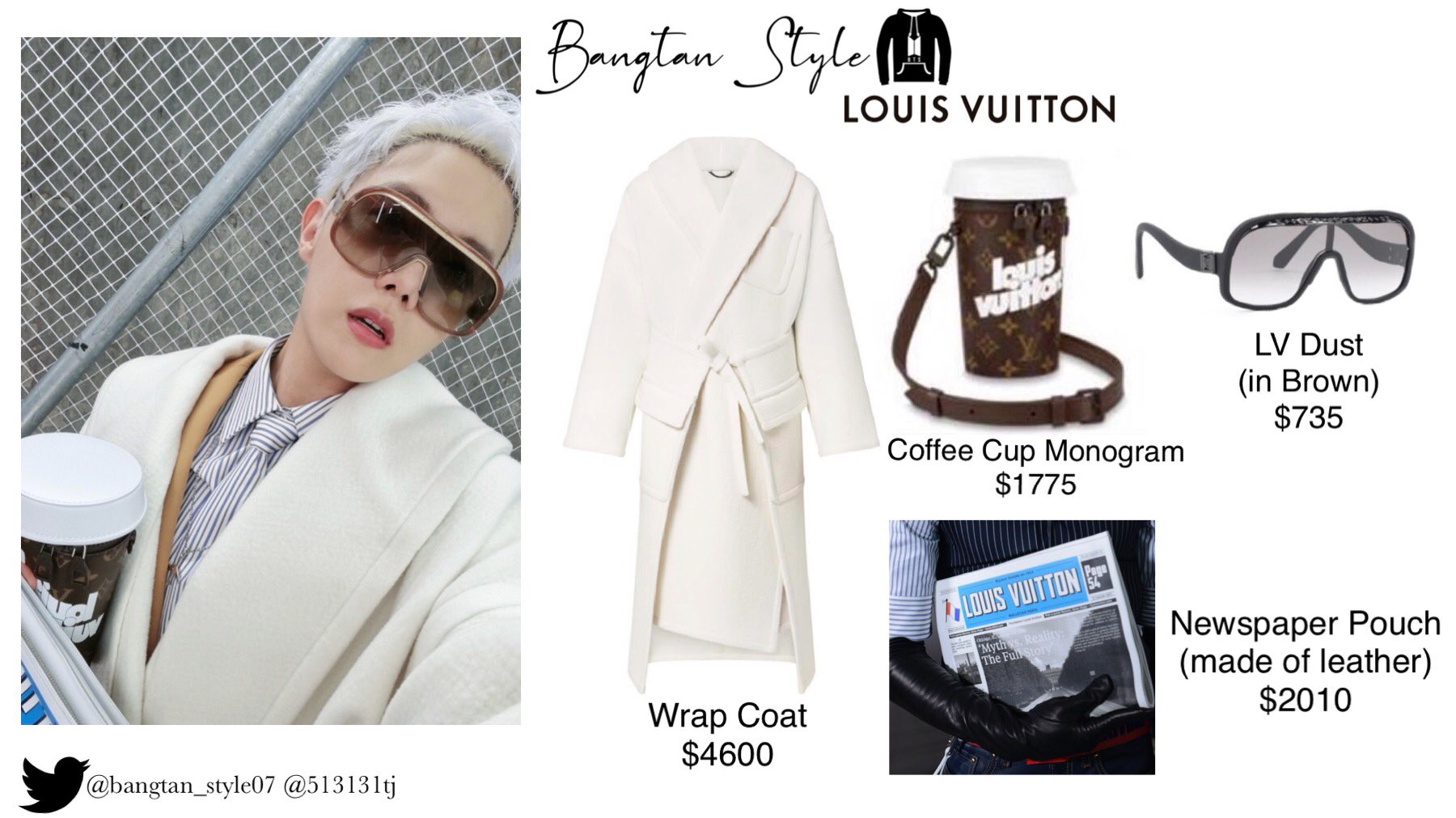 Bangtan Style⁷ (slow) on X: Twitter Post 210708 Hobi wears Louis Vuitton  Wrap Coat ($4600) & LV Dust Sunglasses ($735). He also holds a Coffee Cup  Monogram Bag ($1775) & Newspaper Pouch ($