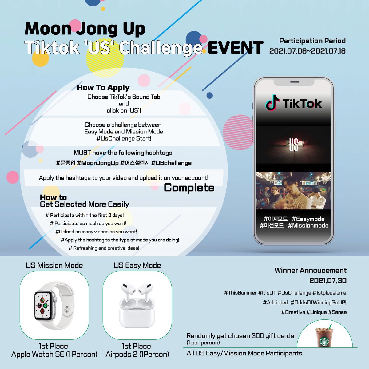 BAPupdate's tweet image. 210707 @/moonjongyeup Instagram update #Jongup 

“ who will try tiktok challenge with me🙋🏻‍♂️
⠀
prize list
▫️US mission mode : apple watch se (1 winner)
▫️US easy mode : airpods 2(1 winner)
▫️For 300 ppl who participate in the #UsChallenge: starbucks americano coupon (randomly)