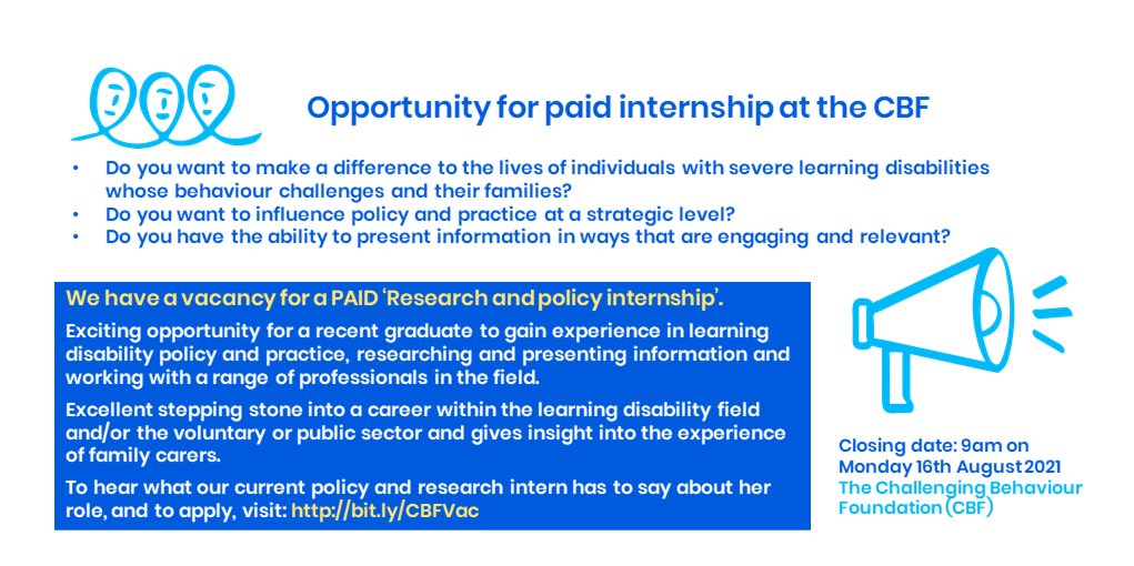 Fantastic #research &amp; #policy #internship role:  lght.ly/95hkdg8!
<a href="/CBFdn/">The Challenging Behaviour Foundation</a> is an amazing charity working to improve the lives of people with #learningdisabilities &amp; their families. You'll also get to work with <a href="/TizardCentre/">Tizard Centre</a> &amp; <a href="/ResnetSharland/">Sharland Foundation Research Network (SF-DDARIN)</a> #autism
Do apply if interested!
