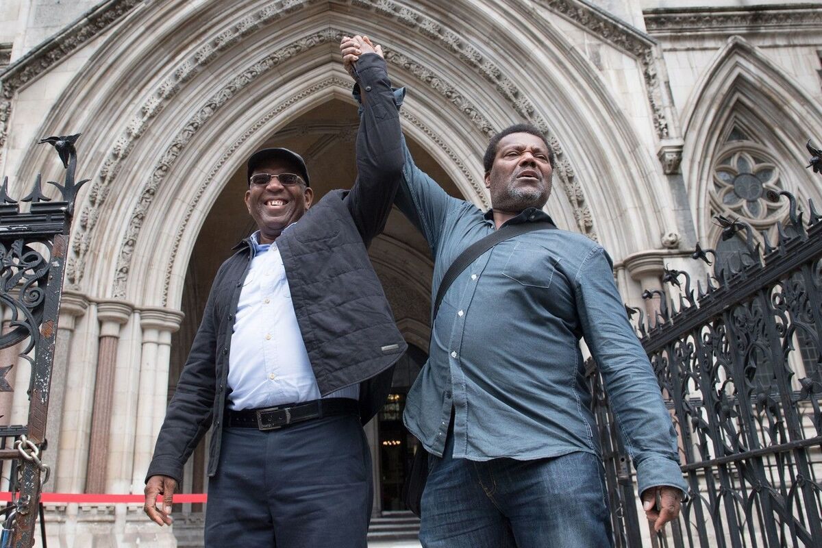 Paul Green (left) and Cleveland Davidson outside the Royal Courts of Justice in London, where the pair, along with Courtney Harriot -  jailed for attempting to rob a corrupt police officer nearly 50 years ago - have had their convictions overturned
Credit: Stefan Rousseau/PA Wire https://t.co/sUsfzdVaju