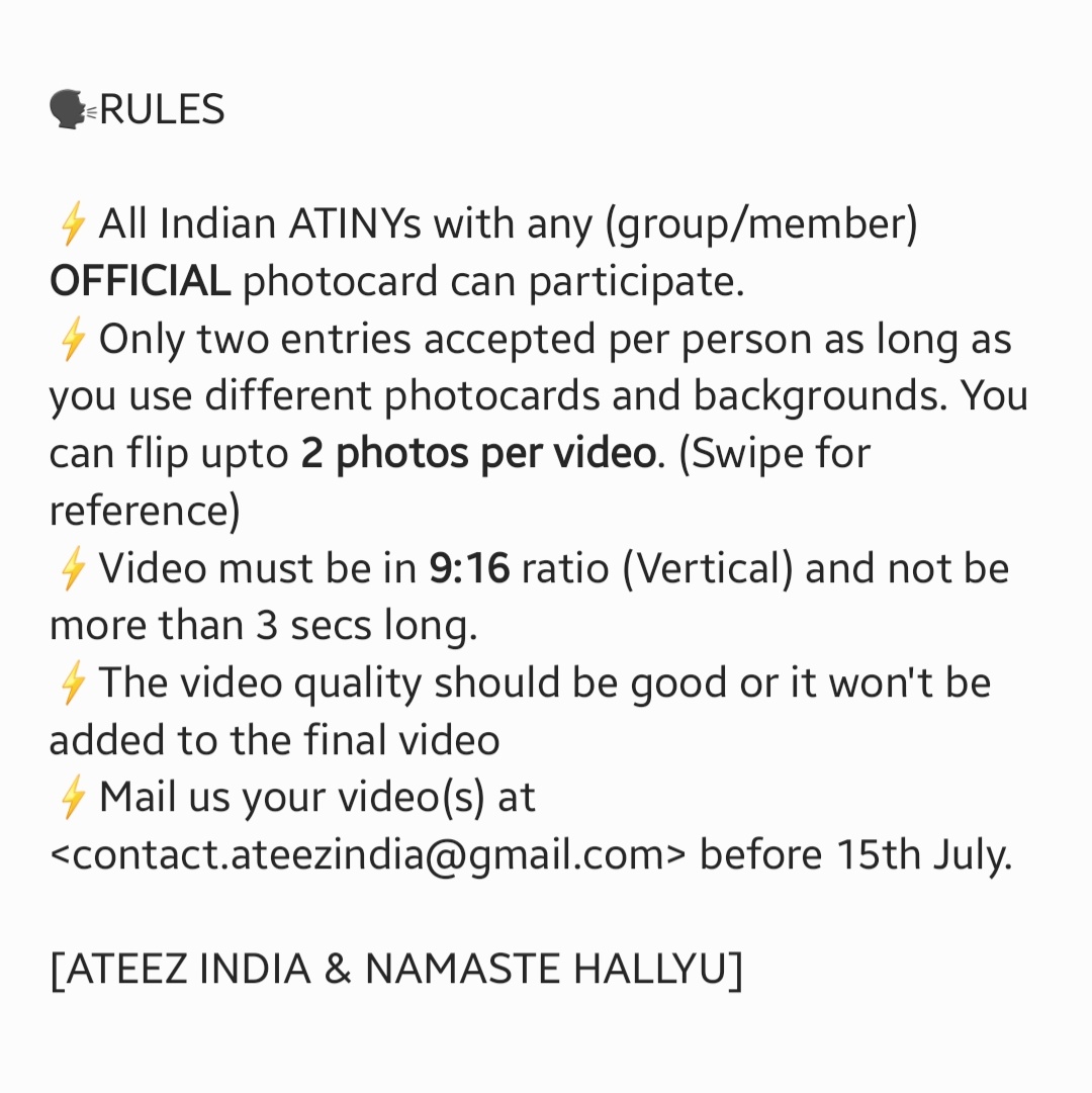 [NAMASTE HALLYU X ATEEZ INDIA]

Presents,

Flip The Photocard Challenge! Read the poster for more details 🤗

E-mail: contact.ateezindia@gmail.com
Deadline: 15th July

<a href="/namastehallyu/">Namaste Hallyu</a>
#에이티즈 #ATEEZ <a href="/ATEEZofficial/">ATEEZ(에이티즈)</a>