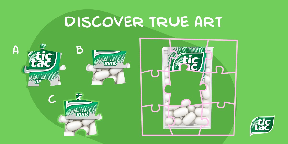 Don’t let this puzzle puzzle you! Pick the right piece and discover true art!​

#tictac #tictacglobal #fresh #mint #fun #tictacpacks #puzzle #missingpiece #whichone #art