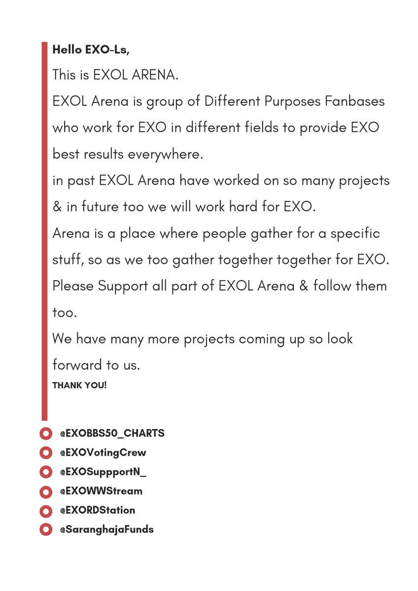 EXOWWStream's tweet photo. 📣EXOL ARENA
Introducing you all to EXO-Ls Arena.
A team of OT9 fanbases which are made to work for EXO in each & every field to support EXO.
Make sure your follow each & every PART of #EXOLArena!
#EXO #엑소 @weareoneEXO https://t.co/6BLb0Oldwv