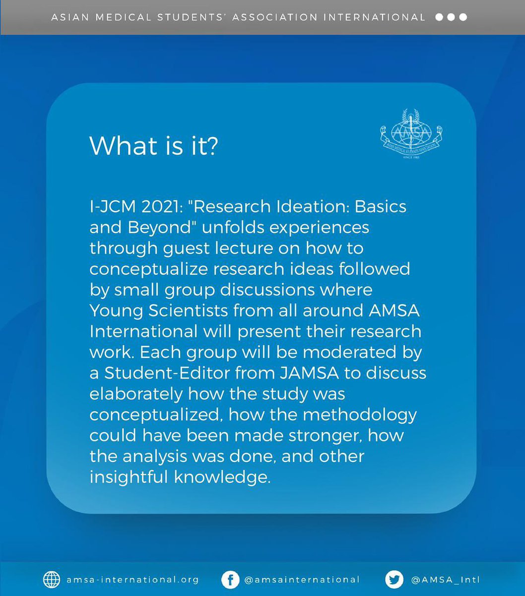 j_amsa's tweet photo. Join us in one of our grandest events! The International Journal Club Meeting is organized by JAMSA to bring together a community of physicians, students, scientists to discuss, collaborate and learn more about scientific and medical research. Register at https://t.co/sM8uORpWvR https://t.co/31AaSGTTNZ
