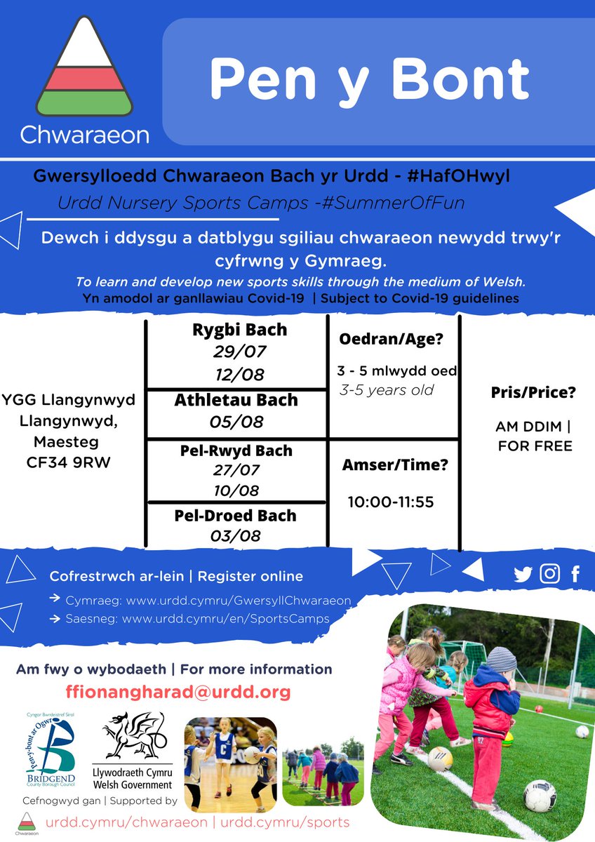 UrddDeCanolog's tweet image. Mae Gwersylloedd Chwaraeon yr Urdd yn dychwelyd yn ystod yr Haf! 
Urdd Sports Camps are returning over the Summer!

📍 Ysgol Uwchradd Llangynwyd
💲 AM DDIM | FOR FREE

Cofrestrwch nawr | Register now👇

urdd.cymru/GwersyllChwara… urdd.cymru/SportsCamps
#HafOHwyl #SummerOfFun