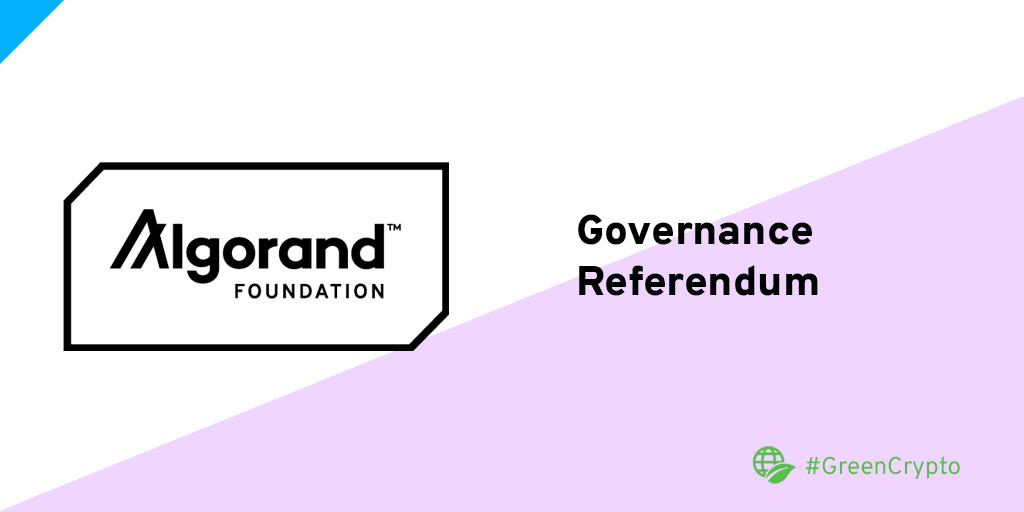 AlgoFoundation's tweet photo. We're very excited to share the Governance Referendum has passed &amp; the community governance proposal is now considered to have been ratified by the network. The 1st #Algorand Community Governance period will begin on Oct 1st 2021. #GreenCrypto See 👇https://t.co/gyVdu9oF9d https://t.co/YuVxo5r5JZ