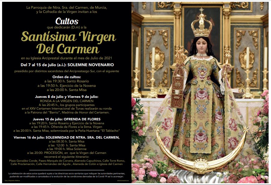 Hoy 7 de Julio comienza el Novenario en honor de la Virgen del Carmen en la Iglesia del Carmen.

#GloriasMurcia #VirgendelCarmen