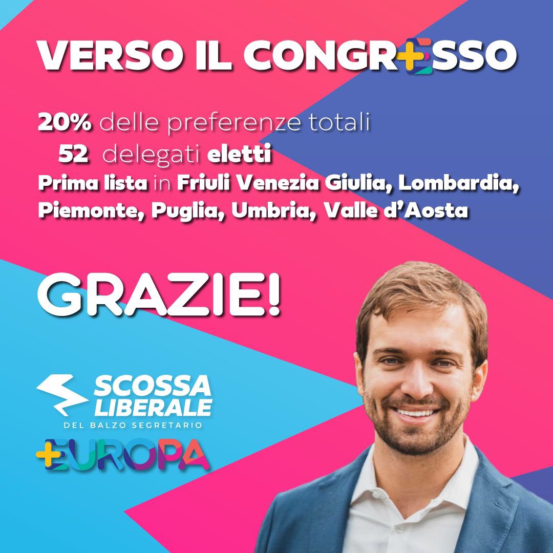 ⚡️È ufficiale. 

Scossa Liberale ha raggiunto quasi il 20% dei consensi, affermandosi come prima lista in Lombardia, Piemonte, Valle d’Aosta, Friuli Venezia Giulia, Umbria e Puglia, ed eleggendo 52 delegati. 

🔜 Ci vediamo a Roma per il congresso! 

#scossaliberale