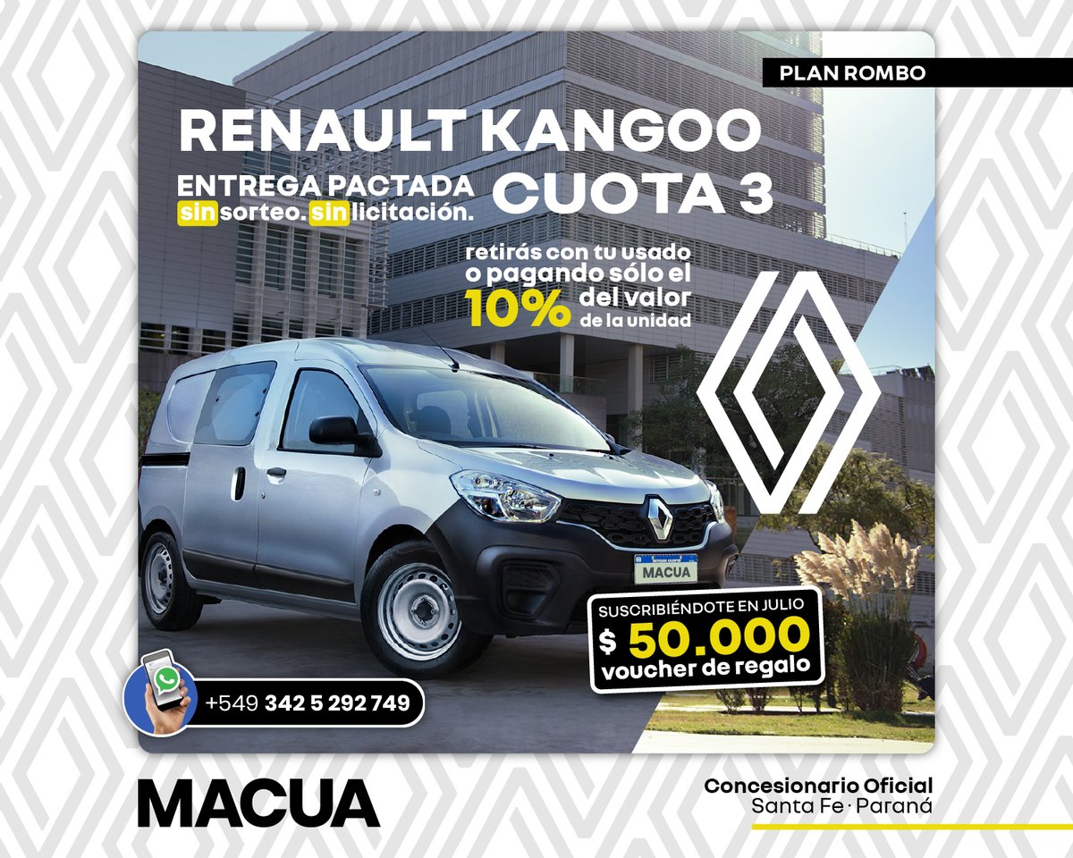 MacuaRenault's tweet photo. ¿Te gustaría tener un Renault KANGOO y financiarlo en cuotas en pesos?
Solicitá más info en los comentarios o envianos un Whatsapp hoy mismo.
.
 #planrombo #macua #renault #kangoo https://t.co/7ZvXHsKXyB