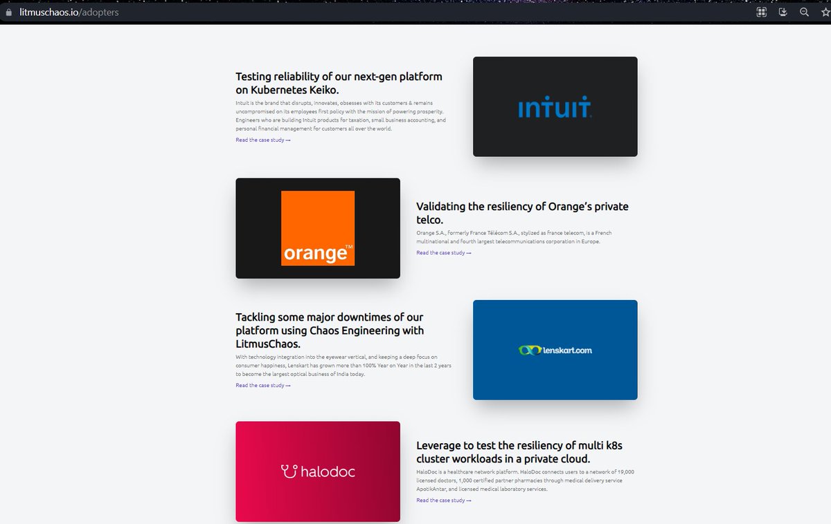 LitmusChaos's tweet photo. End-User Adopters complete a #CloudNativeproject with their adoption stories defining the principle of Community Collaboration!π
The Adopter stories are LIVE now on the website with some amazing insights on various use-cases & on why choose Litmus.
ππ
https://t.co/cXSEj9x2WG https://t.co/1nC0JmyGKR