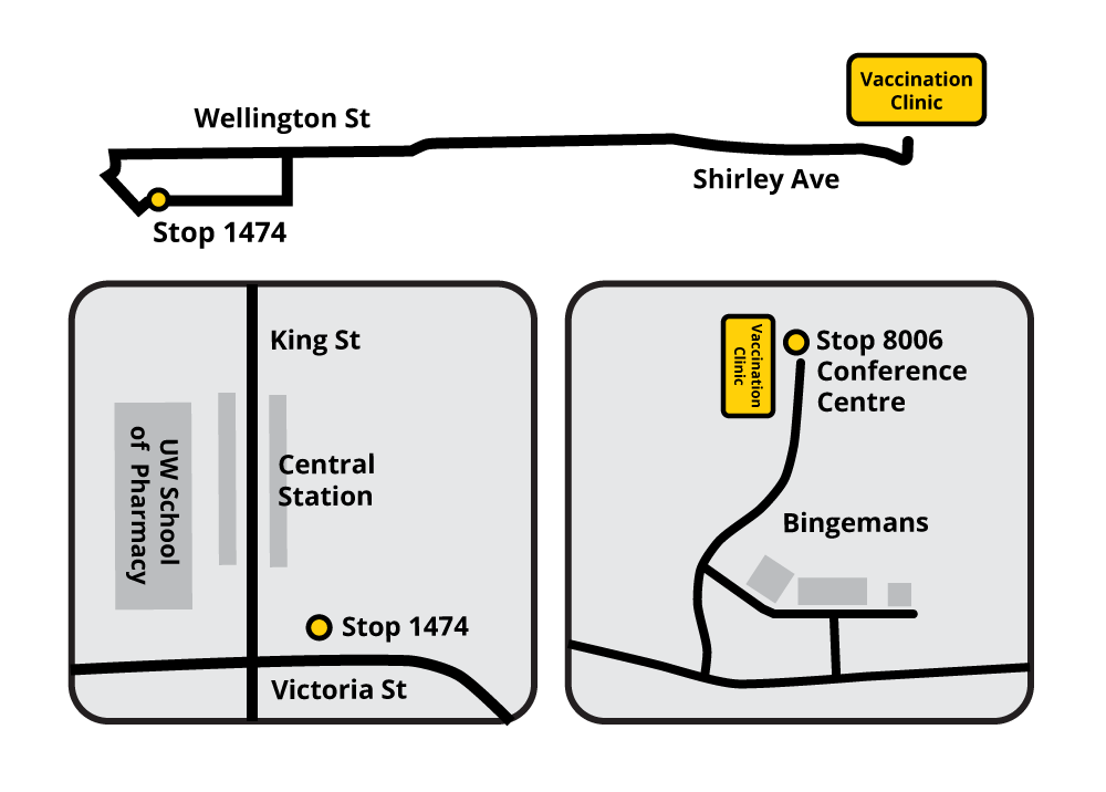 GRT_ROW's tweet photo. We’re providing free shuttle service to the Bingemans vaccination clinic that starts tomorrow, July 8! 
Shuttles will run every 20 minutes, leaving Central Station on the hour, XX:20 and XX:40. 
Shuttle schedules have been added to trip planning tools. 
https://t.co/7TTjKe7fdq https://t.co/3xqumoHS2j