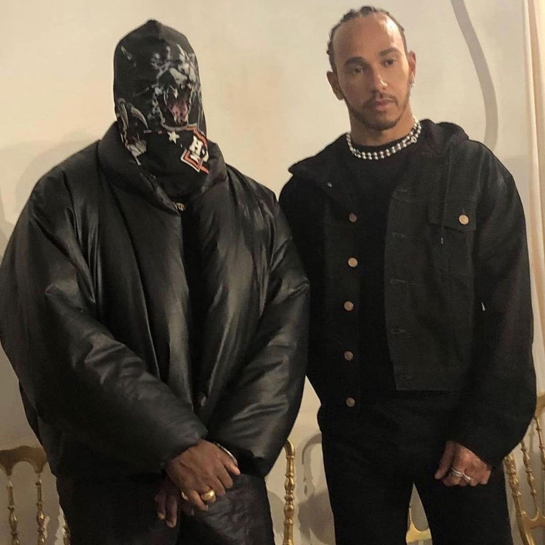 kanyewest with lewishamilton at the Balenciaga Haute Couture show in Paris.