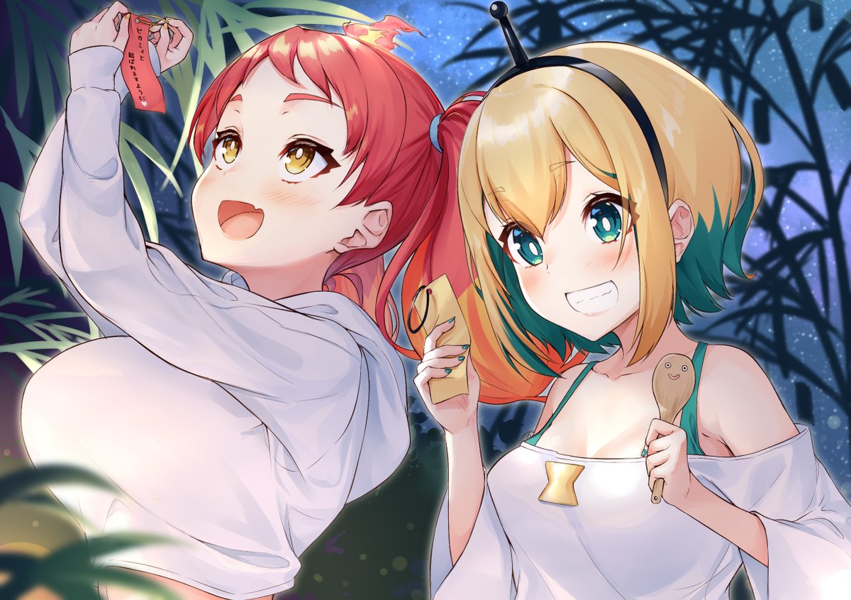 tanabata multiple girls smile blonde hair 2girls red hair tanzaku  illustration images