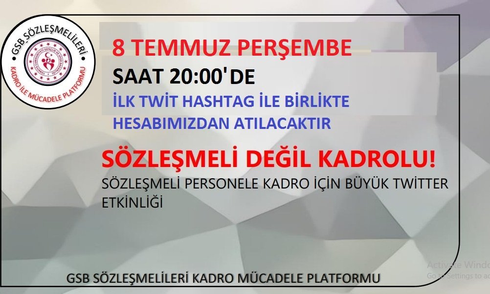 📢 📢 
 TOPLU SÖZLEŞME MASASINDA  TALEPLERİMİZİN  SENDİKALAR TARAFINDAN DİLE GETİRİLMESİ VE KARŞILIK BULMASI ADINA DÜZENLEYECEĞİMİZ BÜYÜK TWİTTER ETKİNLİĞİMİZE SÖZLEŞMELİ ARKADAŞLARIMIZI BEKLİYORUZ! 

⌛8 TEMMUZ PERŞEMBE GÜNÜ SAAT 
🕤20:00 DE