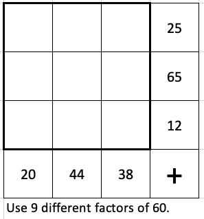 Start your day with this #yohaku. Fill in cells with 9 different factors of 60 to get totals in each row/column.