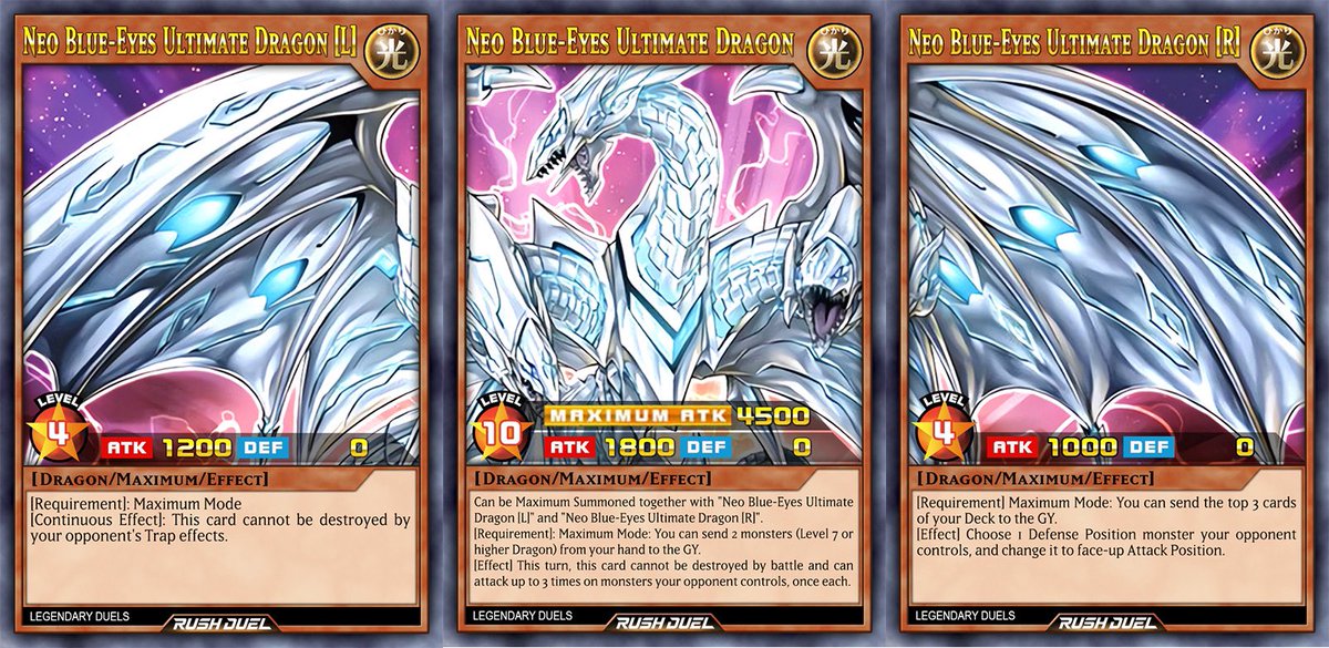 LegendaryDuels's tweet photo. #MaximumCards My interpretation of Neo Blue-Eyes Ultimate Dragon!!
Notes: Wanted to give it the power to attack 3 times and wipe out the board plus a bonus ability of changing a monster to Attack Position to insure that it does damage lol https://t.co/7cib6jLg4o