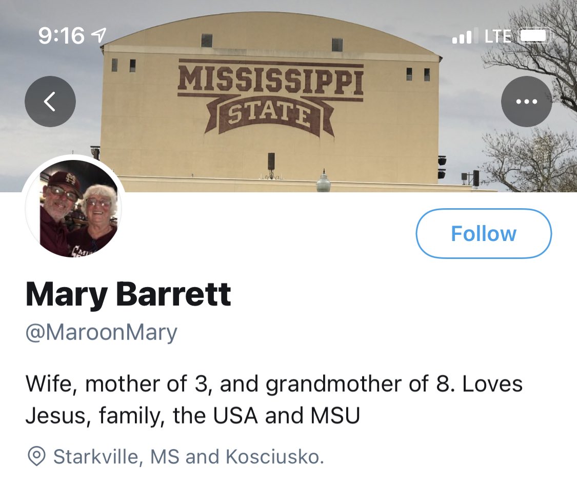 stoolpresidente's tweet photo. I’m gonna be honest.   @maroonmary is what I expect every Miss State fan bio to look like.   

Ps - I think I need to hire Maroon Mary? https://t.co/I5lRGRgfYw