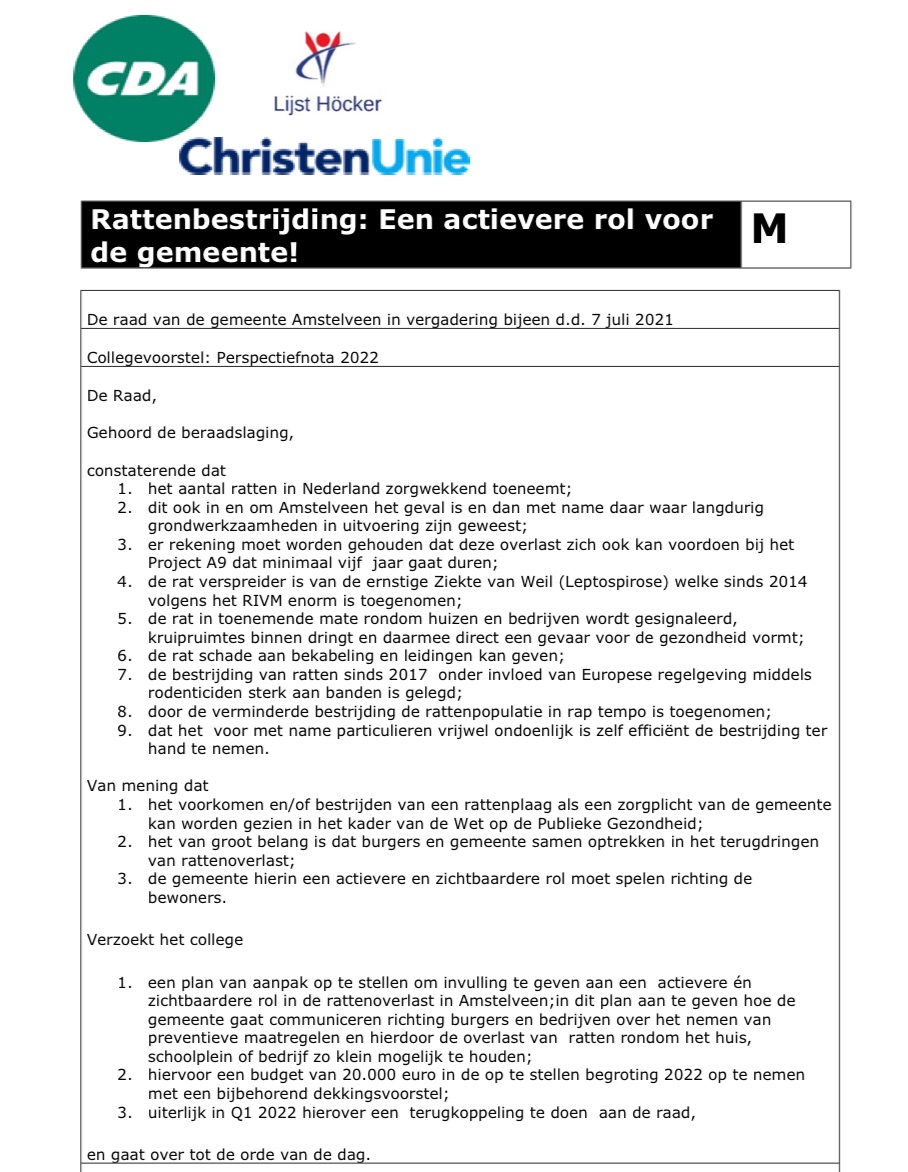 <a href="/CDA_Amstelveen/">CDA_Amstelveen</a> dient de motie ‘Rattenbestrijding; een actievere rol voor de gemeente!’ In.