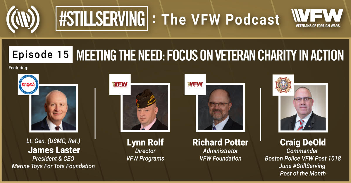 VFWHQ's tweet photo. During this episode of #StillServing: The VFW Podcast, Host Rob Couture talks with: 
- @ToysForTots_USA
- VFW Programs Director Lynn Rolf and VFW Foundation Administrator Richard Potter talk about our Unmet Needs Program 
- Commander of the @BostonVFW1018
https://t.co/CR42tesnwk https://t.co/L7njoOZX7C