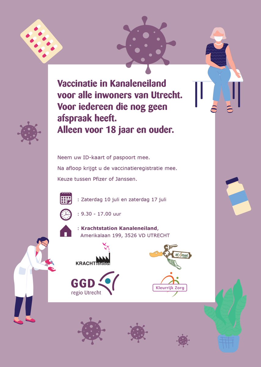 WBZuidwest's tweet photo. Geen 💉afspraak = geen probleem. Iedere Utrechter van 18+ die nog geen afspraak heeft staan, maar wél een vaccinatie wil: dat kan. Pfizer of Janssen: kies maar. Op 17 juli ben je welkom in het @Krachtstation  👉 https://t.co/Dugm8kNr7Q #kanaleneiland https://t.co/GS4RPHYIAR