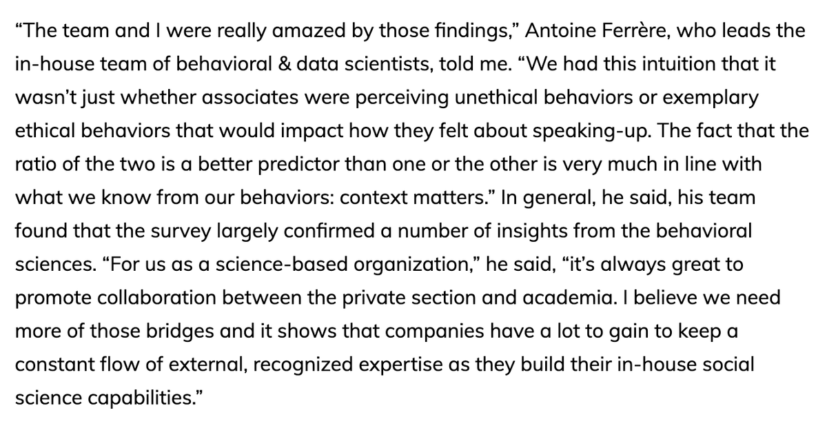 JonHaidt's tweet photo. Interesting results from @EthicalSystems research collaboration with @Novartis and @AntoineFerrere: ratio of observed good and bad behaviors is a powerful predictor of speaking up, so raise the ratio by spotlighting ethical acts: 

https://t.co/rGoB0jwUjC https://t.co/mF7K0anOgU
