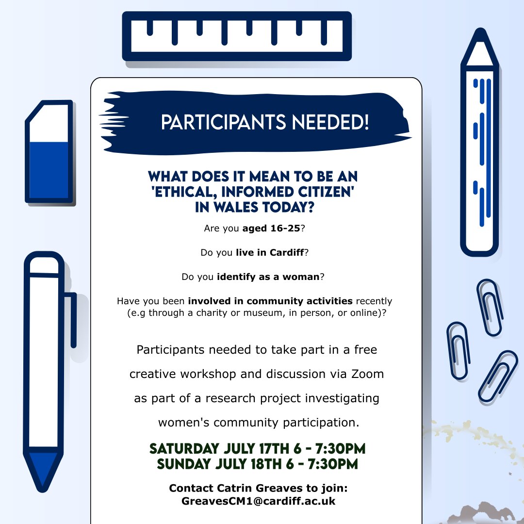 Are you aged 16-25 yrs, live in #Cardiff and identify as a woman?

You could help one of our community members with some research by taking part in a #FREE creative workshop and discussion. 

Get in touch with Catrin to find out more >>>