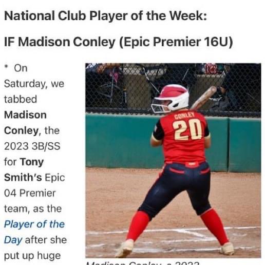 Epic04Smith's tweet photo. Congrats Madison for being named National Club Player of the Week while in Colorado. It’s an incredible achievement and we are proud of you. Keep grinding and keep being you. #epicsb #BeEpic #CoSparkfire #extrainningsoftball @ExtraInningSB @Epic04Smith @COSparkFire https://t.co/wfATgwMHAk
