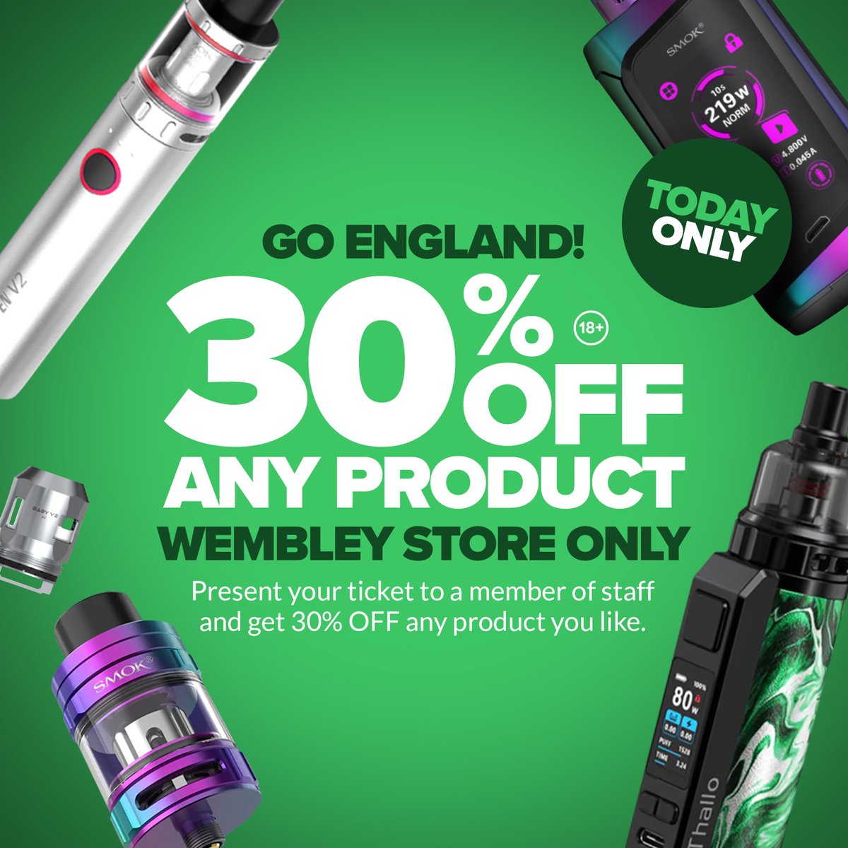 UKECIGSTORE's tweet photo. โฝWho's ready for the England VS Denmark Game tonight?โฝ
Pop into store on your way to #WembleyStadium and get 30% off any product when you present your ticket for todays game!
#Footballgame #euro2021 #semifinals #englandvsdenmark #englandforthewin #vapesale #Wembley #vapeshop https://t.co/AXtAp7lIPs