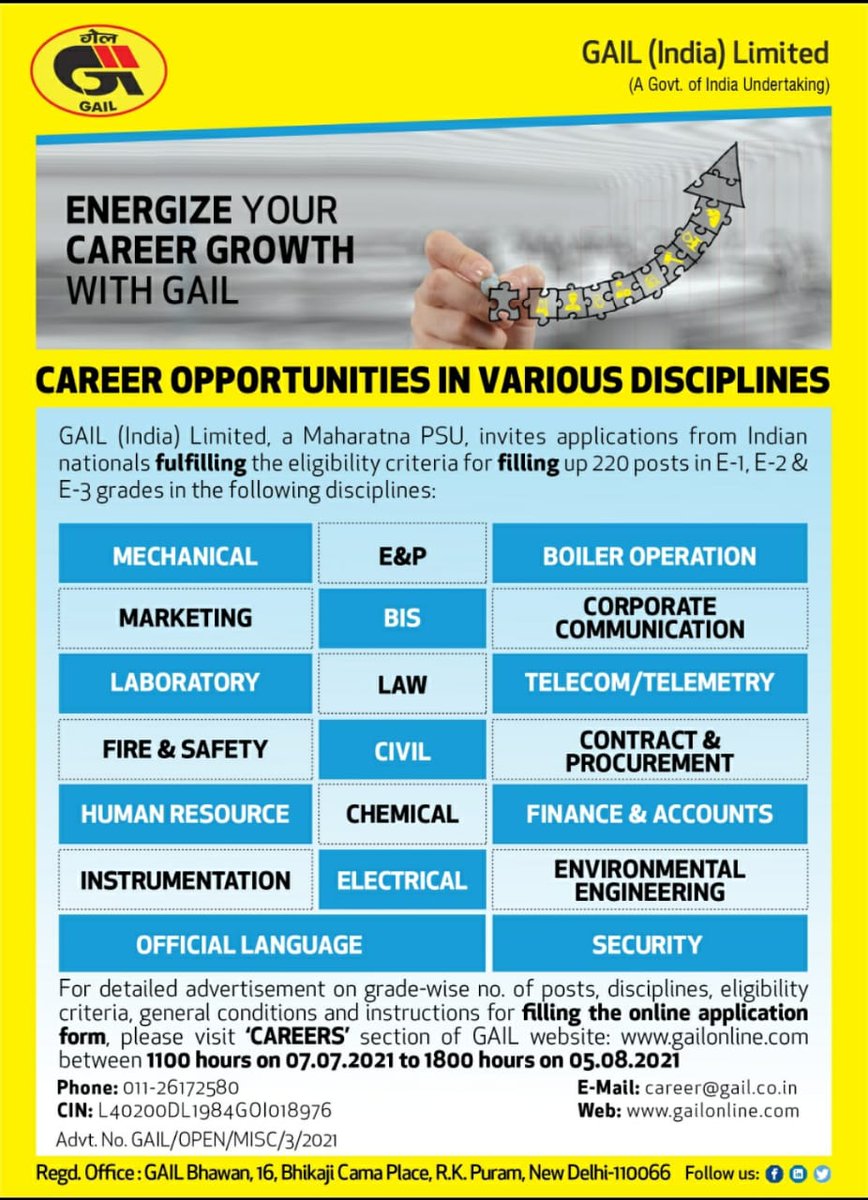 gailindia's tweet photo. Career opportunities in GAIL for aspiring candidates for 220 posts in various desciplines.

To apply click:
https://t.co/4rC4xKabGi https://t.co/DPIlon4PSx