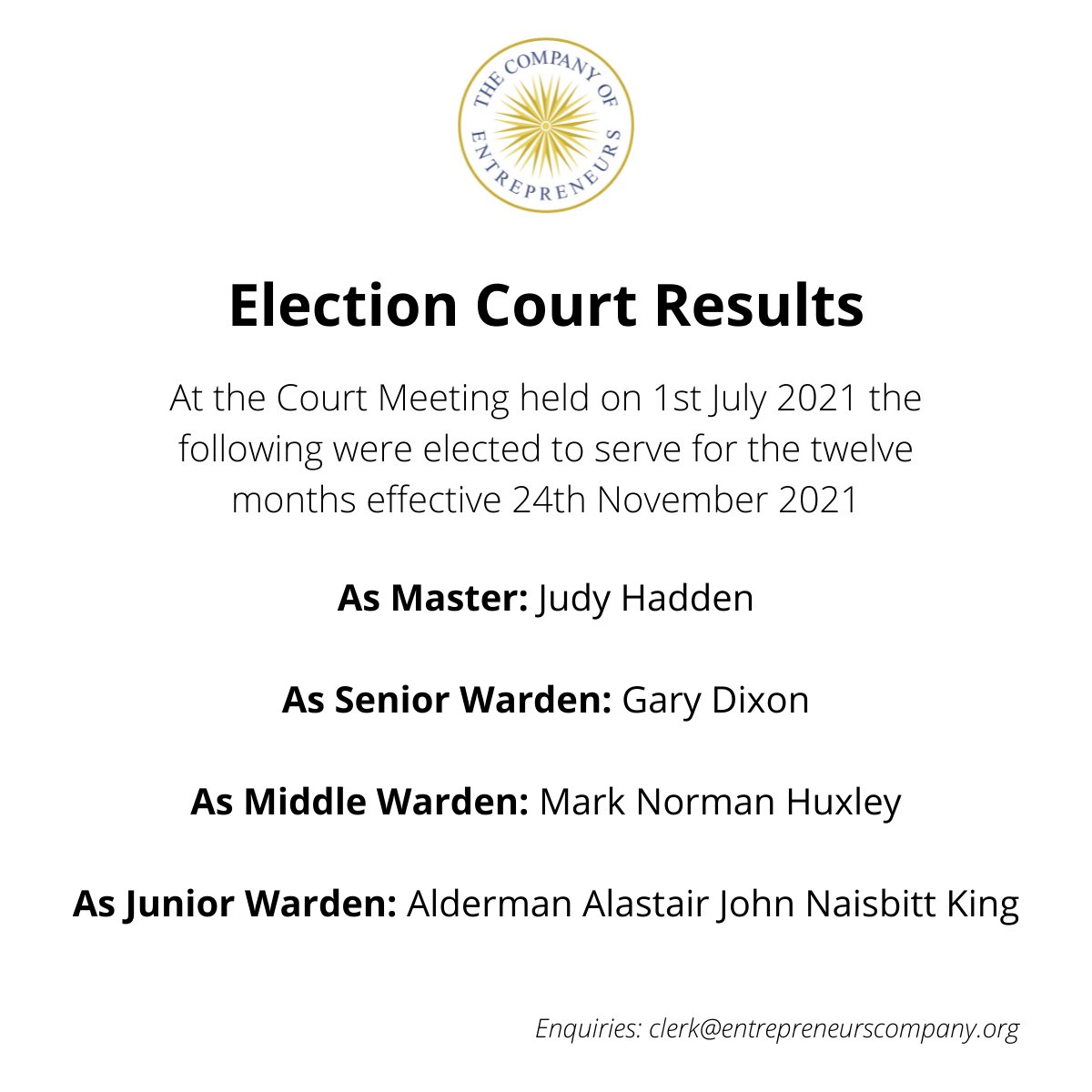 Company of Entrepreneurs (@entrepreneurcoy) on Twitter photo Our Election Court has sat and these are the results. Congratulations to one and all @JudyHad <a href="/Garythegrump/">Grumpy by nature</a> <a href="/MarkHux/">Mark Huxley</a> @AlastairJNKing Our Election Court has sat and these are the results. Congratulations to one and all @JudyHad <a href="/Garythegrump/">Grumpy by nature</a> <a href="/MarkHux/">Mark Huxley</a> @AlastairJNKing