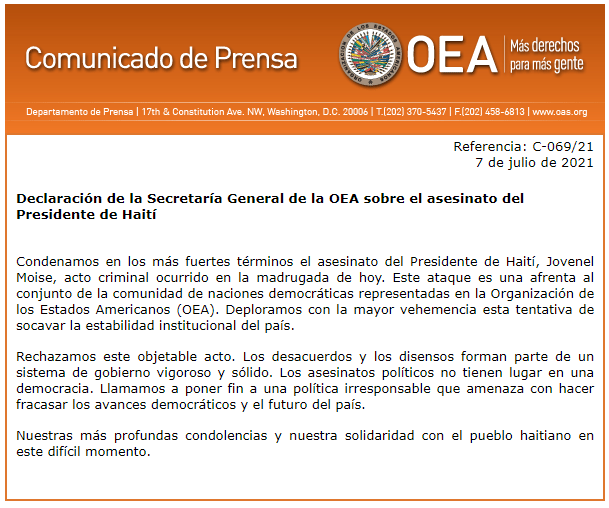 Almagro_OEA2015's tweet photo. Declaración de la Secretaría General de la @OEA_oficial sobre el asesinato del Presidente de #Haiti 

https://t.co/vagjFAOTgm https://t.co/LSHqrD0GFI