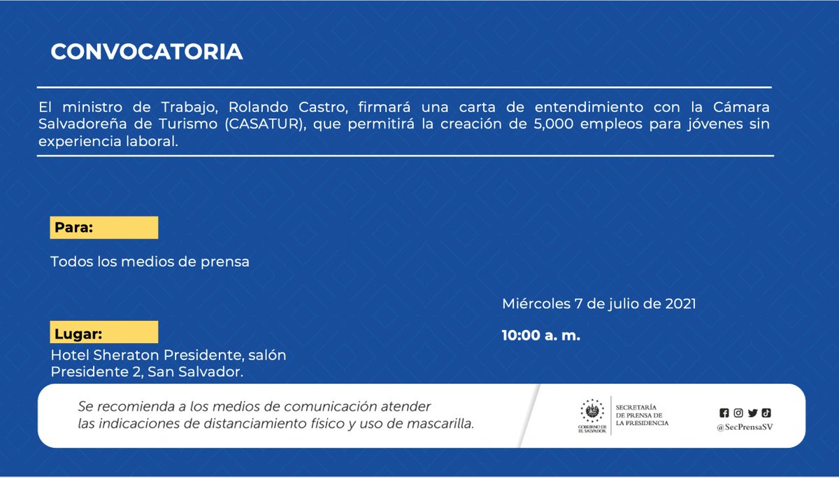 ComunitariosES's tweet photo. @TrabajoSV Este día el Ministro de Trabajo, Rolando Castro, firmará una carta de entendimiento con la Cámara Salvadoreña de Turismo CASATUR, que permitirá la creación de más de 5 mil empleos para jóvenes sin experiencia laboral
#TrabajoES
#CASATUR
#MinistrodeTrabajo https://t.co/k4PtHExImm