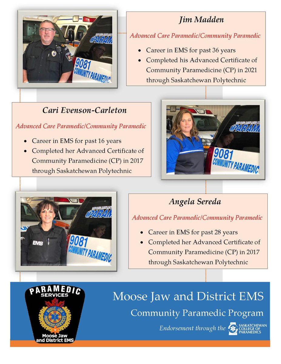 Announcing @MJParamedics Community #Paramedic Team who have all completed @SaskPolytech Advanced Certificate CP Program & are endorsed through @SCoParamedics Thank You to @SaskHealth Mental Health & Addictions & our Community Stakeholders here in #CityMJ for this NEW initiative!