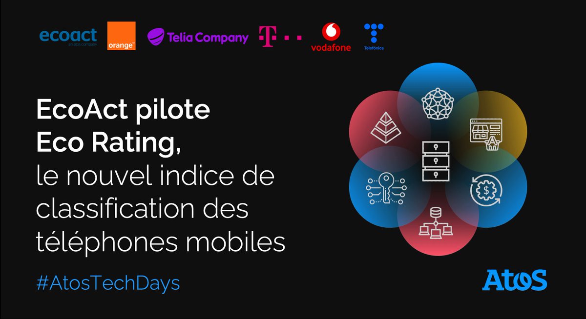 AtosFR's tweet photo. #AtosTechDays 📣 @EcoAct_Fr accompagne @Telekom_group, @Orange, @Telefonica, @TeliaCompany et @vodafonegroup dans le développement d’un indice permettant aux consommateurs d’identifier les téléphones mobiles les plus respectueux de l’#environnement ➡️ https://t.co/Zre4vuXVDL https://t.co/z8Z6nH2TZW