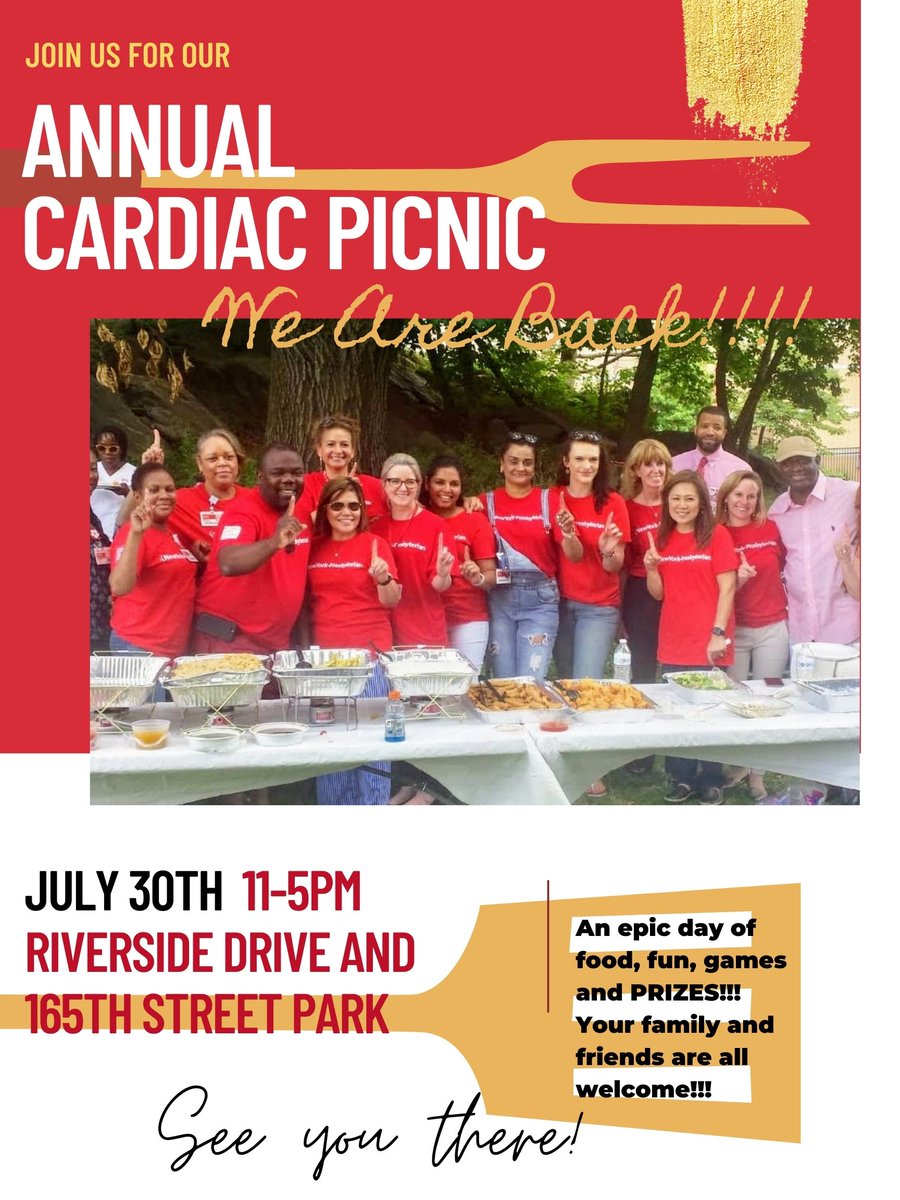 Hello all!!!! THE CARDIAC PICNIC IS BACK!!!!! 
Please join us on July 30th from 11am-5pm for FOOD, FUN, GAMES, and PRIZES!!!!