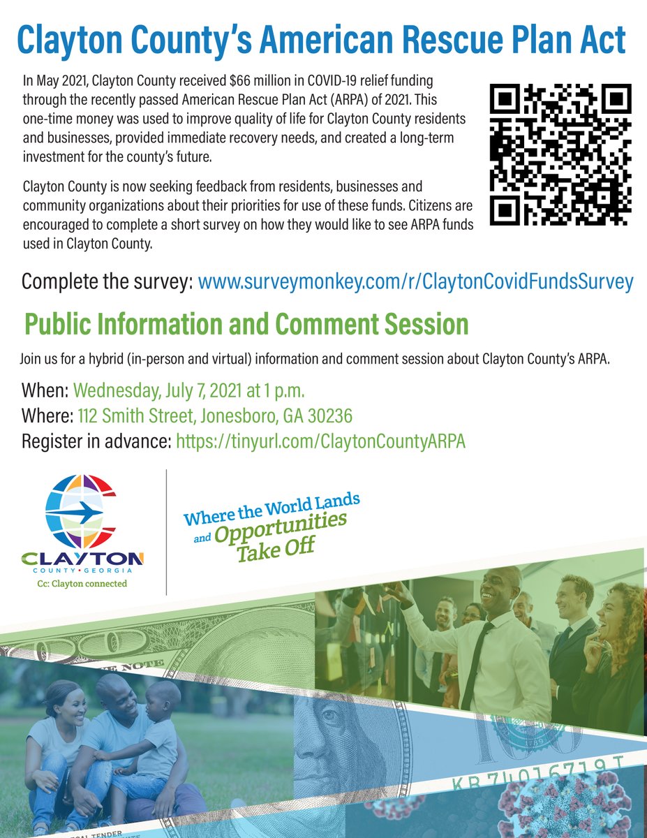 ClaytonCountyGA's tweet photo. In May 2021, Clayton County announced that they will receive $66M in COVID relief funding through the recently passed American Rescue Plan Act (ARPA) of 2021. We are now seeking feedback for use of these funds. https://t.co/MwZ9z6oR0H