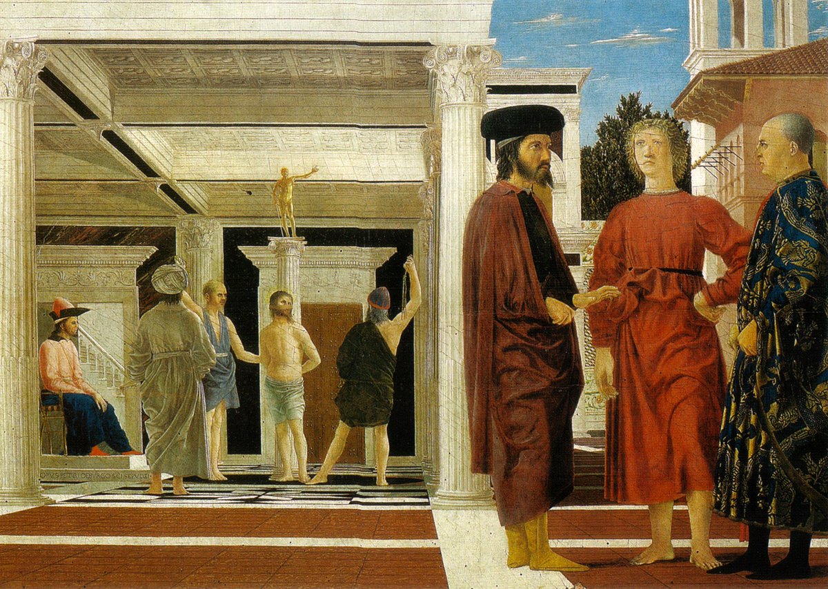 BiancoCritico's tweet photo. #BCarte mercoledì🔸tavole

➡️#PieroDellaFrancesca #Flagellazione (1459, @GNMarche): protagonisti i tre a dx, cardinale Bessarione/Buonconte da Montefeltro/Giovanni Bacci, quest'ultimo cercava così di convincere Federico da Montefeltro ad appoggiare la crociata contro i Turchi. https://t.co/sXitzb33rj