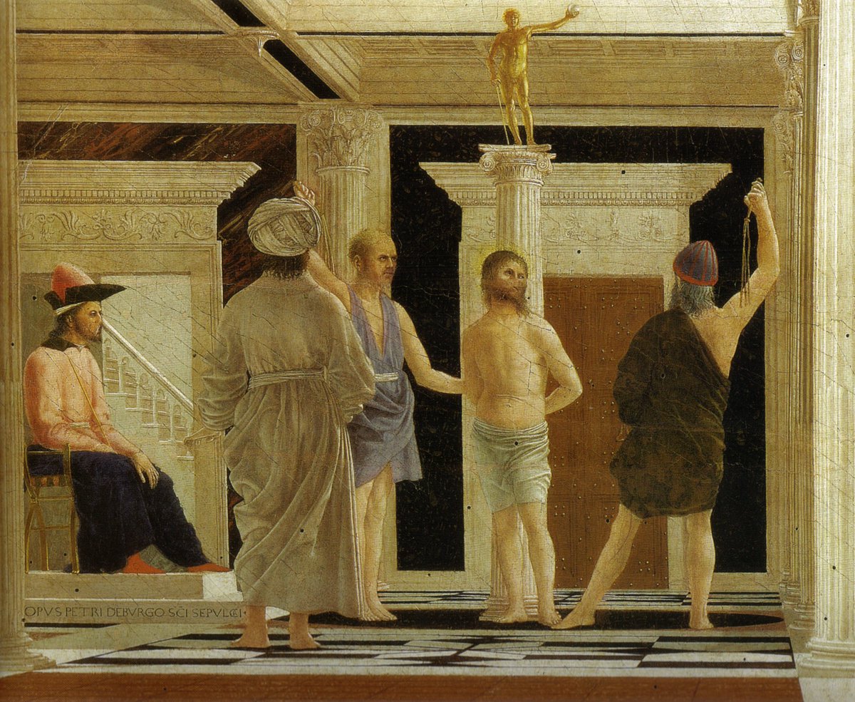 #BCarte mercoledì🔸tavole

➡️#PieroDellaFrancesca #Flagellazione (1459, <a href="/GNMarche/">Galleria Nazionale delle Marche</a>): protagonisti i tre a dx, cardinale Bessarione/Buonconte da Montefeltro/Giovanni Bacci, quest'ultimo cercava così di convincere Federico da Montefeltro ad appoggiare la crociata contro i Turchi.