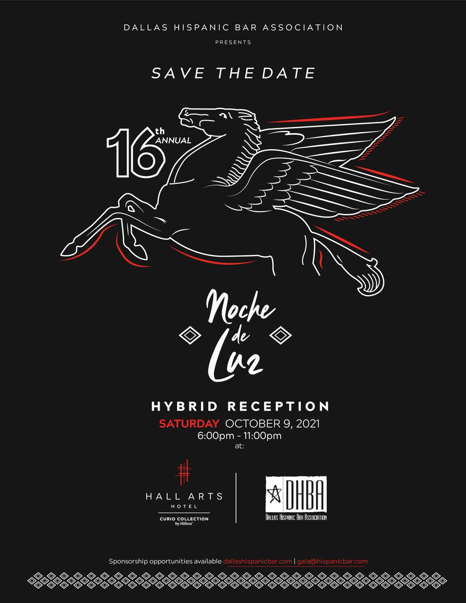 Dallas Hispanic Bar (@dallashba) on Twitter photo MARQUEN SUS CALENDARIOS!
We are excited to announce the return of our signature event, the Noche de Luz! Join us on October 9th at the new HALL Arts Hotel for a hybrid event.
More information and sponsorship information available at gala@dallashispanicbar.com. MARQUEN SUS CALENDARIOS!
We are excited to announce the return of our signature event, the Noche de Luz! Join us on October 9th at the new HALL Arts Hotel for a hybrid event.
More information and sponsorship information available at gala@dallashispanicbar.com.