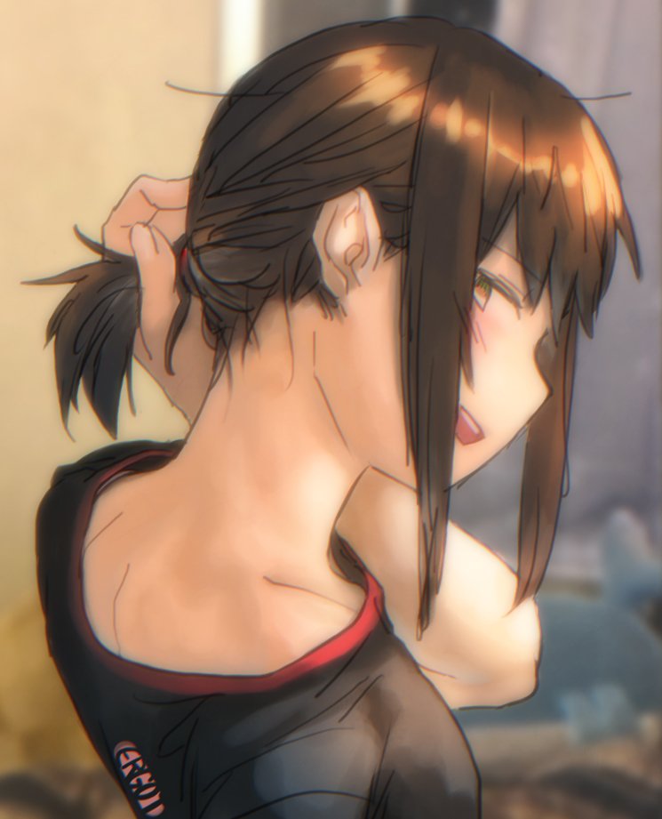 fubuki (kancolle) 1girl nape solo short ponytail black shirt shirt open mouth  illustration images