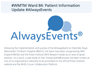 MFT_PatientExp's tweet photo. 📢New MFT iNews! Ward 84 #AlwaysEvents
This week for #CoProWeek we meet with 
@RMCH_Ward84 to discuss the implementation and success of their #AlwaysEvent with their Patient Information Update🌟🏆 #WMTM https://t.co/xTqBtEBPmu
