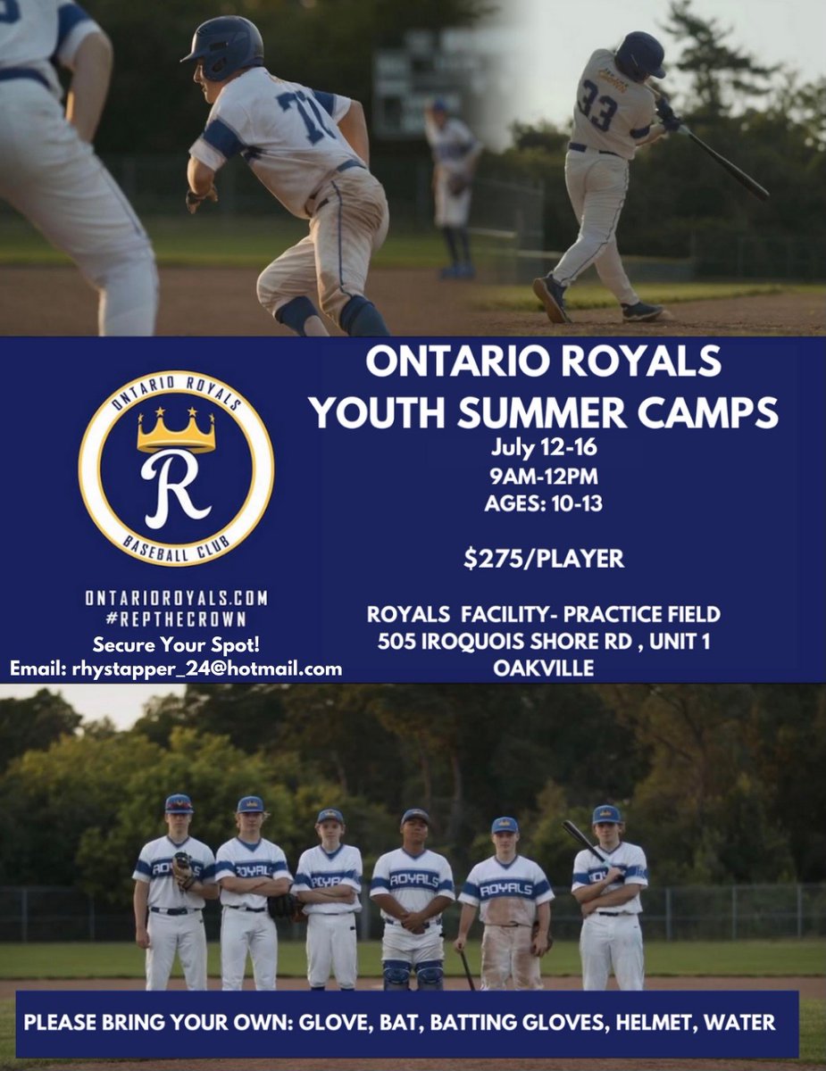 OntarioRoyals's tweet image. Ontario Royals Summer Camp program starts next week for players ages 9-13!

Running throughout July the following weeks: 
July 12-16
July 19-23
July 26-30

Contact Camp Director @CoachTapperBsb to secure your spot (rhystapper_24@hotmail.com) - space is limited! 

#RepTheCrown👑⚾️