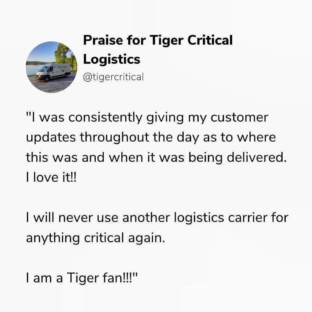 Do you have this kind of praise for your expedited logistics provider? We LOVE when new fans join Team Tiger! Call us at 844-TIGER-EX to see how we can help you today!

 #expeditedlogistics #logisticsprovider #customersatisfaction