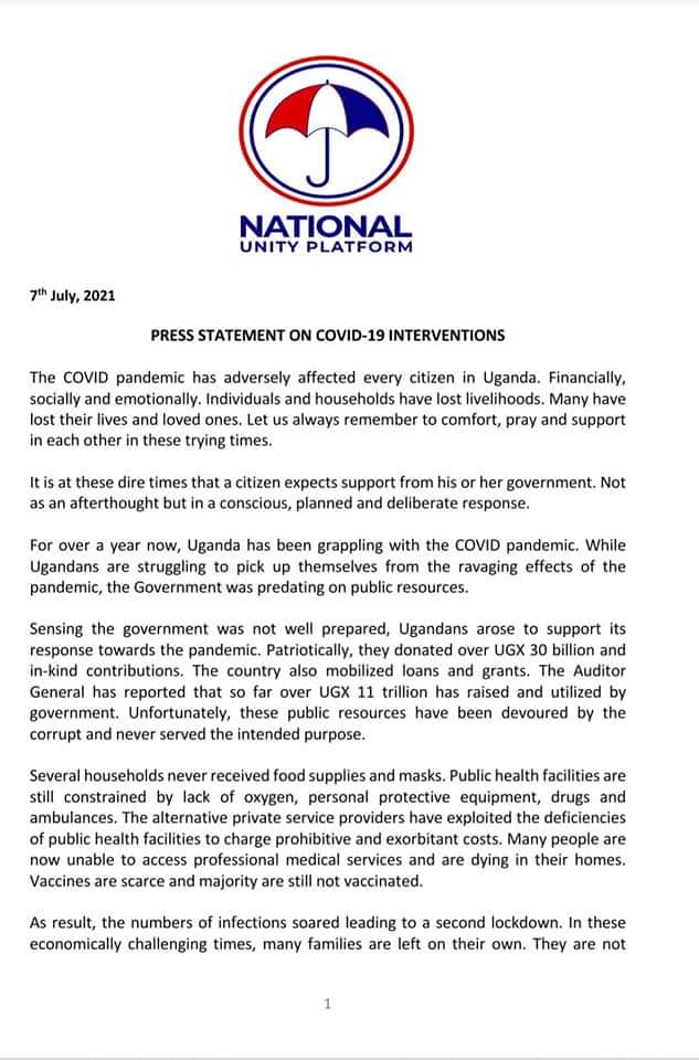 NUP_Ug's tweet photo. Earlier today, our Acting Party President Hon @JNambeshe, LOP Hon @MathiasMpuuga and other leaders addressed the nation on the poor handling of the #Covid19 pandemic by the Museveni gov't. Among the issues raised were rampant corruption &amp; the continued misuse of public resources. https://t.co/iVY6pCjZmZ
