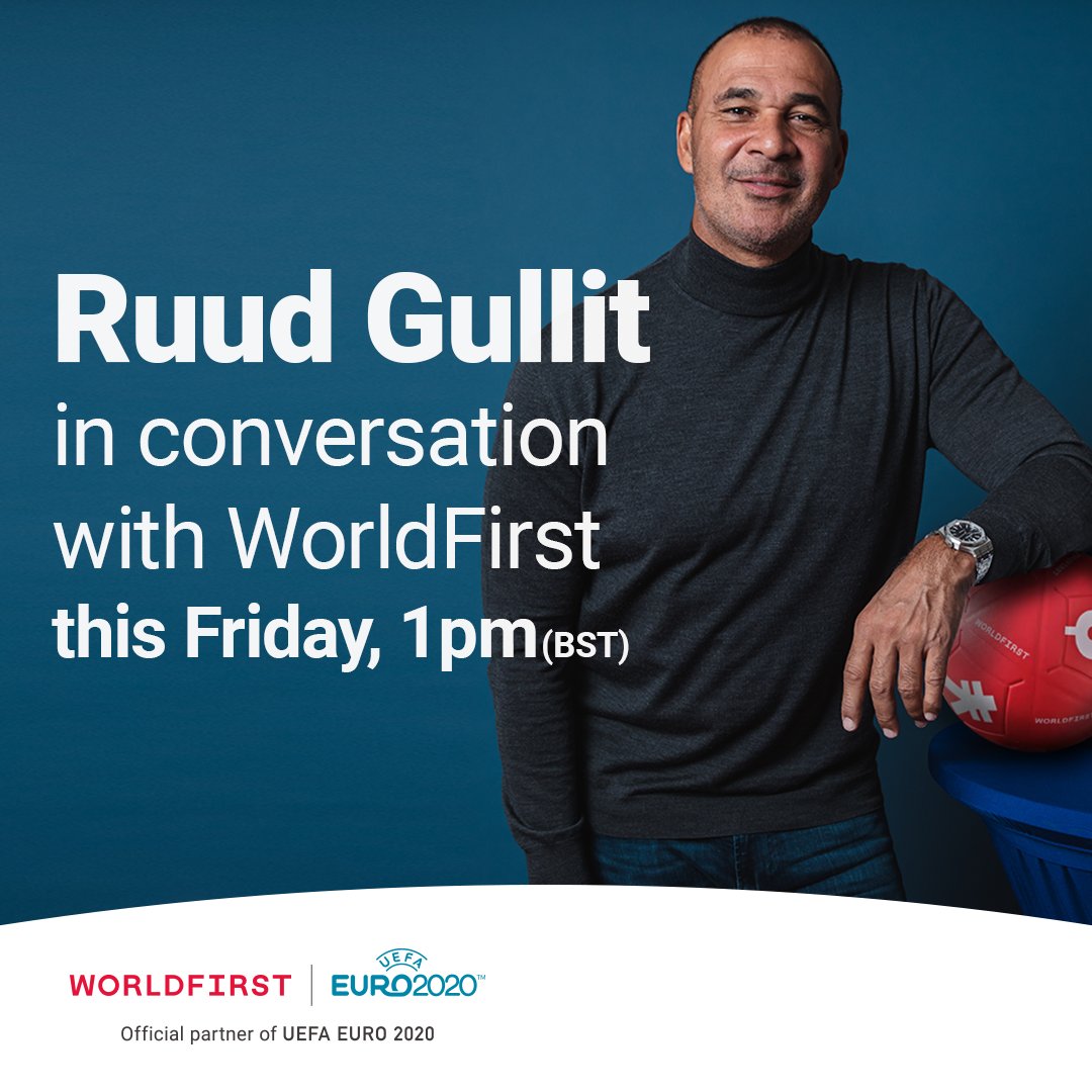 🚨 Friday 9th July - Join WorldFirst CEO Jeff Parker in conversation with legendary Dutch footballer, Ballon d’Or winner and hero of Euro 88, Ruud Gullit.

SIgn up here: bit.ly/wf-interview-tw

#WorldFirst #OfficialSponsors
#EURO2020
