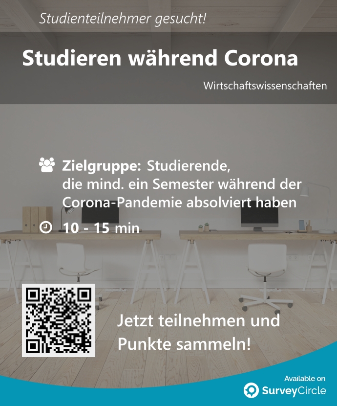 Suche Studienteilnehmer! Du hast in den letzten drei Semestern während Corona studiert? Dann würde ich mich freuen wenn Du an dieser Umfrage teilnimmst: bit.ly/3jW5sVd

<a href="/SurveyCircle/">SurveyCircle.com | Recruit Survey Participants</a> <a href="/uni_mainz/">Universität Mainz</a> #digital #studieren #homeoffice #corona